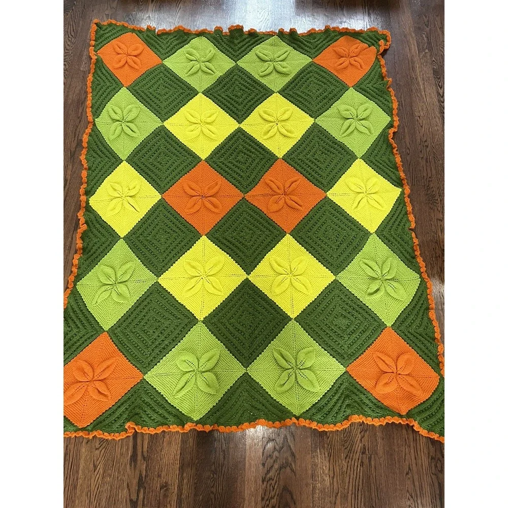 Vtg Handmade Knit Blanket Throw Granny Yellow Green Orange Squares Crochet 61x76